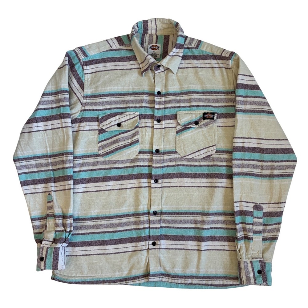 Dickies Mens 2XL Cream Teal Striped Flannel Long Sleeve Button Down Shirt